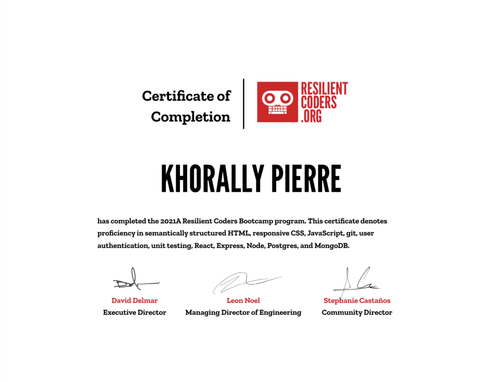 Khorally Pierre Web Development Certificate